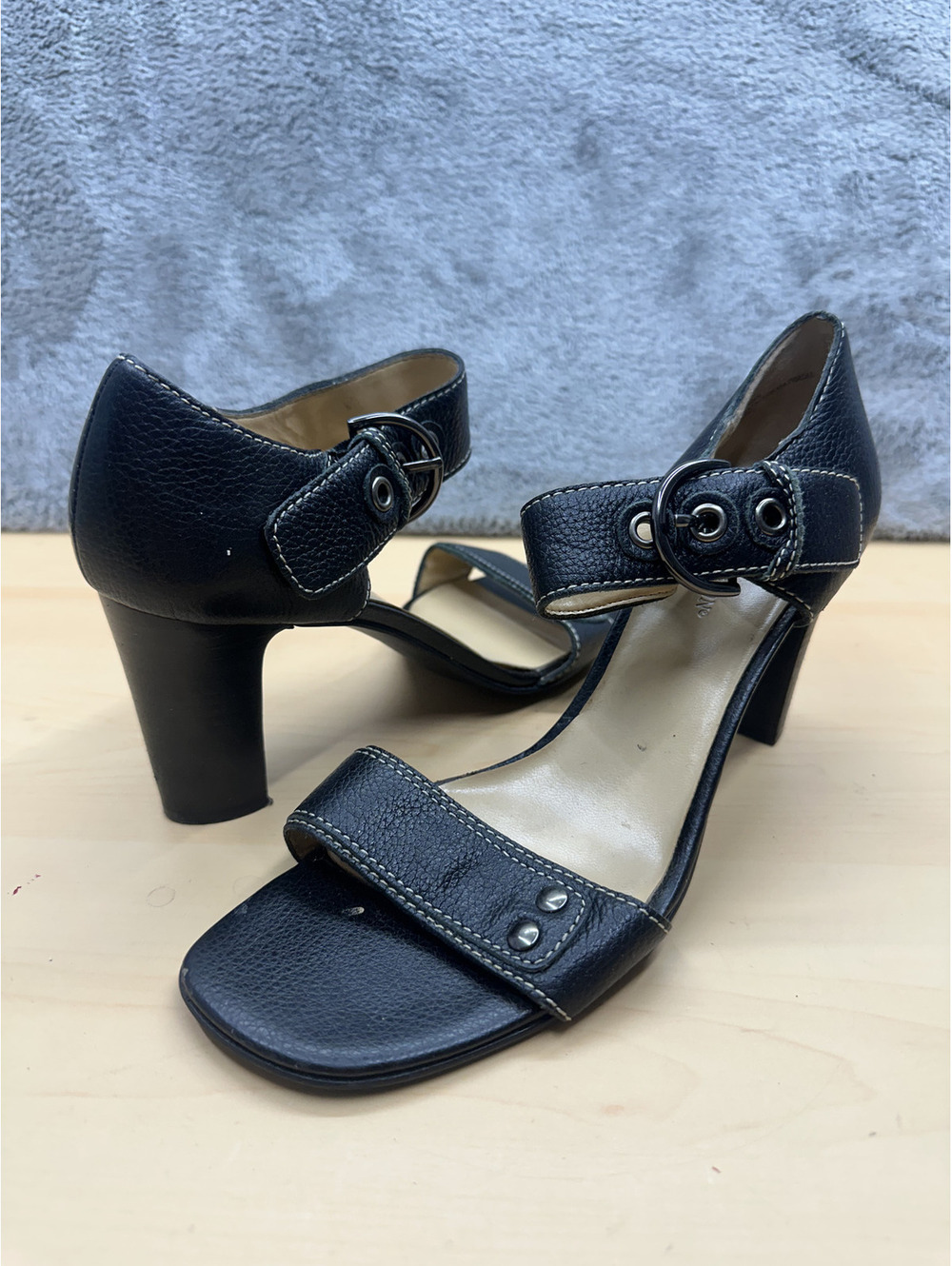 Worthington Classic Black Leather Ankle Strap Heels